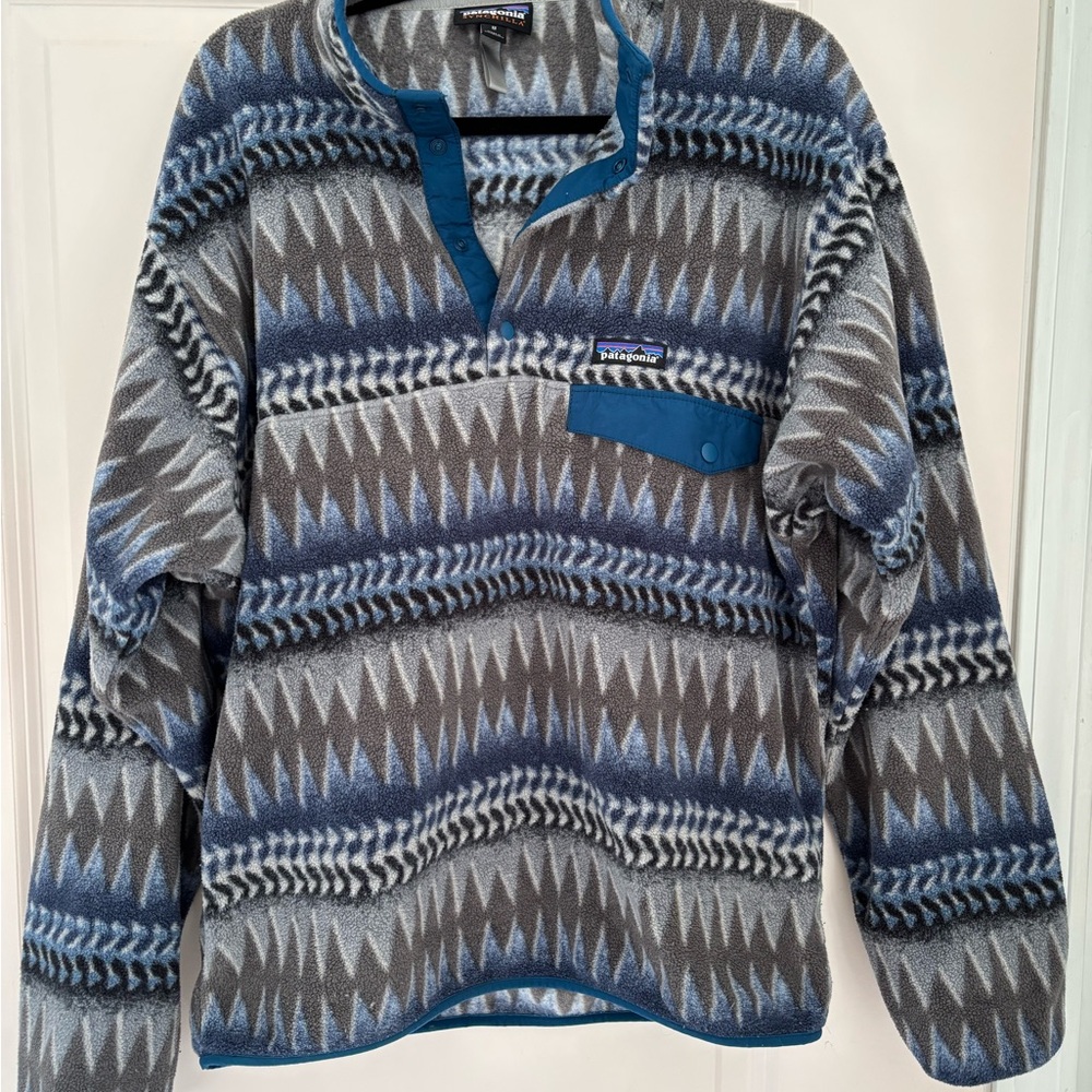 Patagonia Blue and Gray Patterned Fleece Pullover lightweight Synchilla Fleece